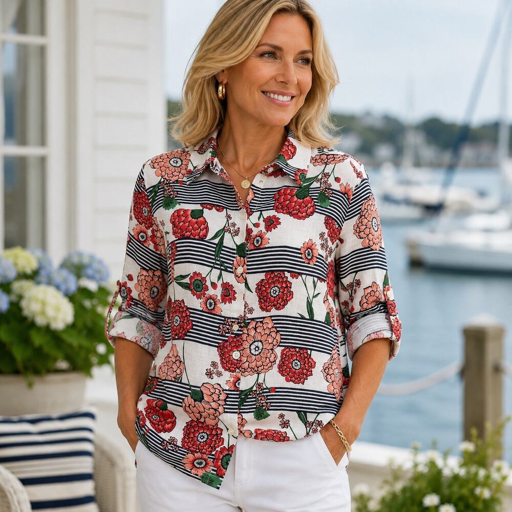 Charter Club 100% Linen Floral Button Women Top Sz L Coastal Preppy RollTab Boho